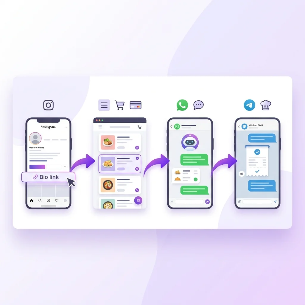 Flujo visual de un pedido FlowWap: de Instagram a WhatsApp a Telegram de staff