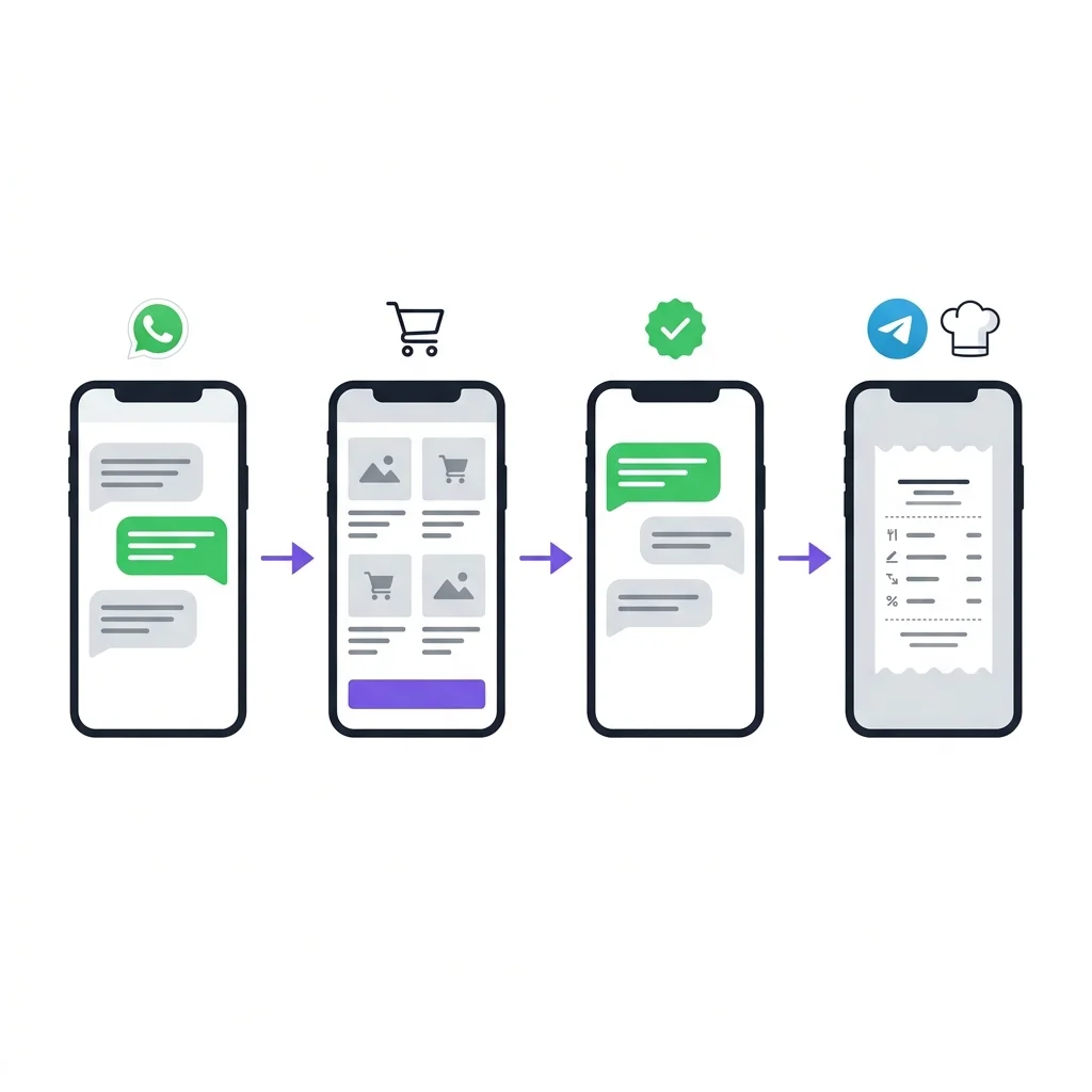 Flujo visual de un pedido FlowWap: de WhatsApp a Web y Telegram de staff